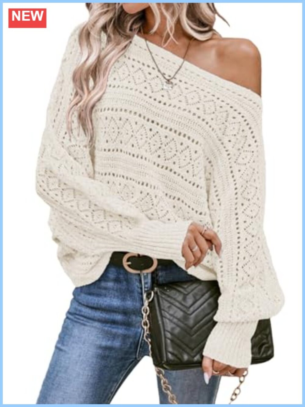 Women's Crochet Sweater Pullover Boat Neck Long Batwing Sleeve Loose Knit